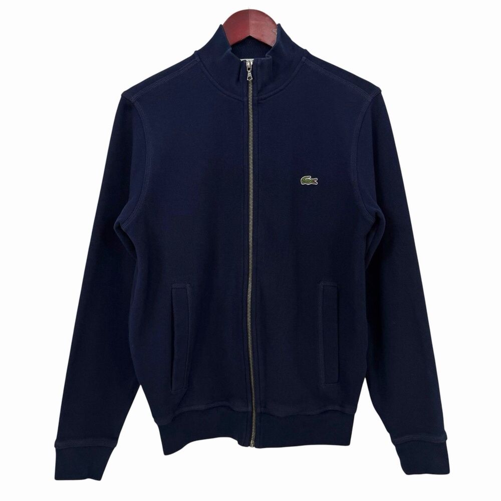 Lacoste Mens Navy Blue Full Zip Stand Up Collar Pique Fleece Track Jacket Small